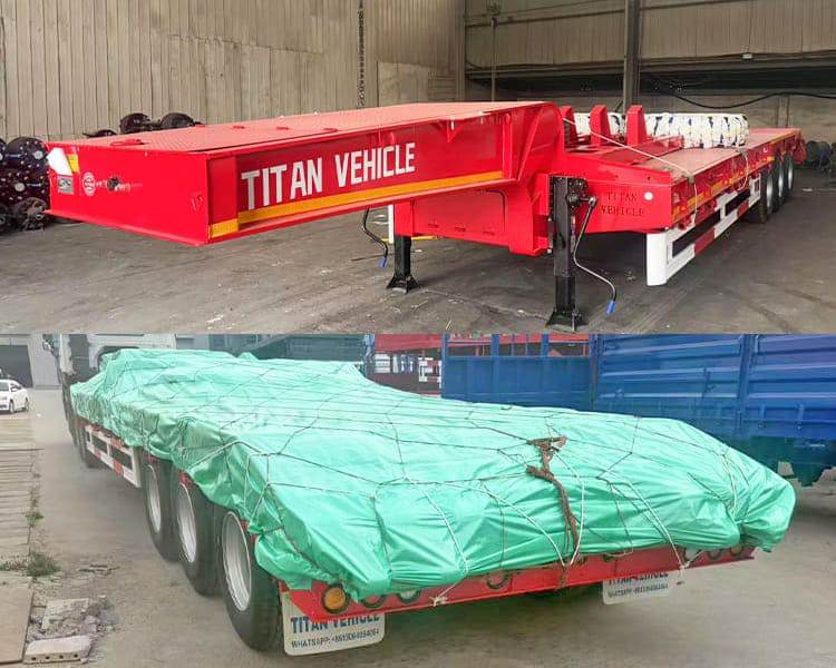 Shipping of Lowbed Truck for Sale  TITAN low loader offer two transportation options based on customer needs. One option is to load the semi low loader trailer into containers, while the other is to ship by ro-ro vessel.  Before leaving the factory, all lowbed trailer trucks undergo multiple layers of protection to prevent rust. First, a protective wax coating is applied, followed by the installation of a waterproof cover to create a moisture barrier. The packaging method helps protect the lowbed truck from rust caused by temperature and humidity changes during ocean transport.